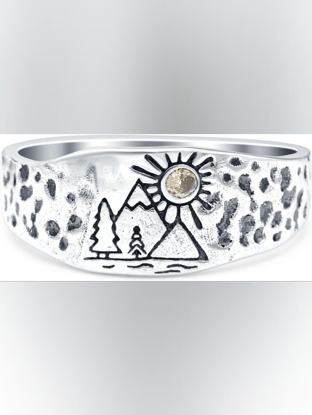 Mountains, Trees Sun Ring Oxidized Band Solid 925 Sterling Silver Size 12
